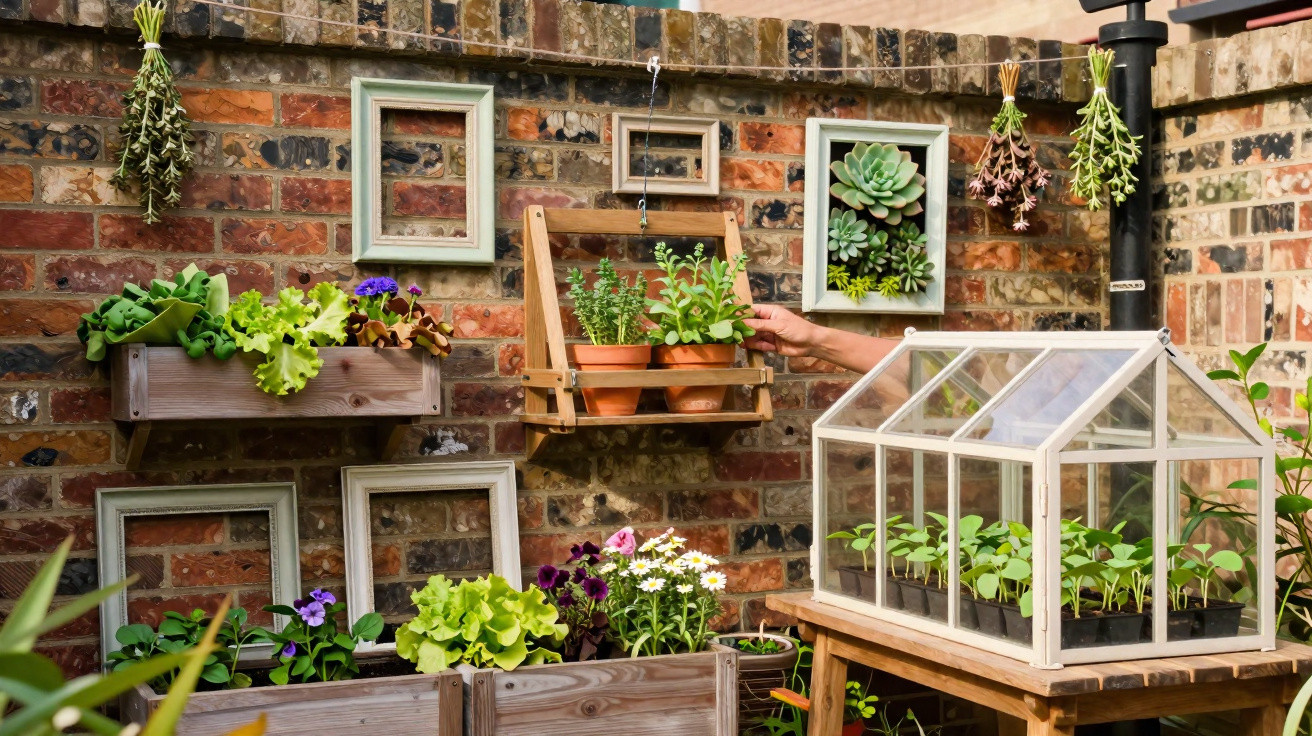 Jardim urbano com vasos de plantas, hortaliças, flores e estufa pequena em parede de tijolos.