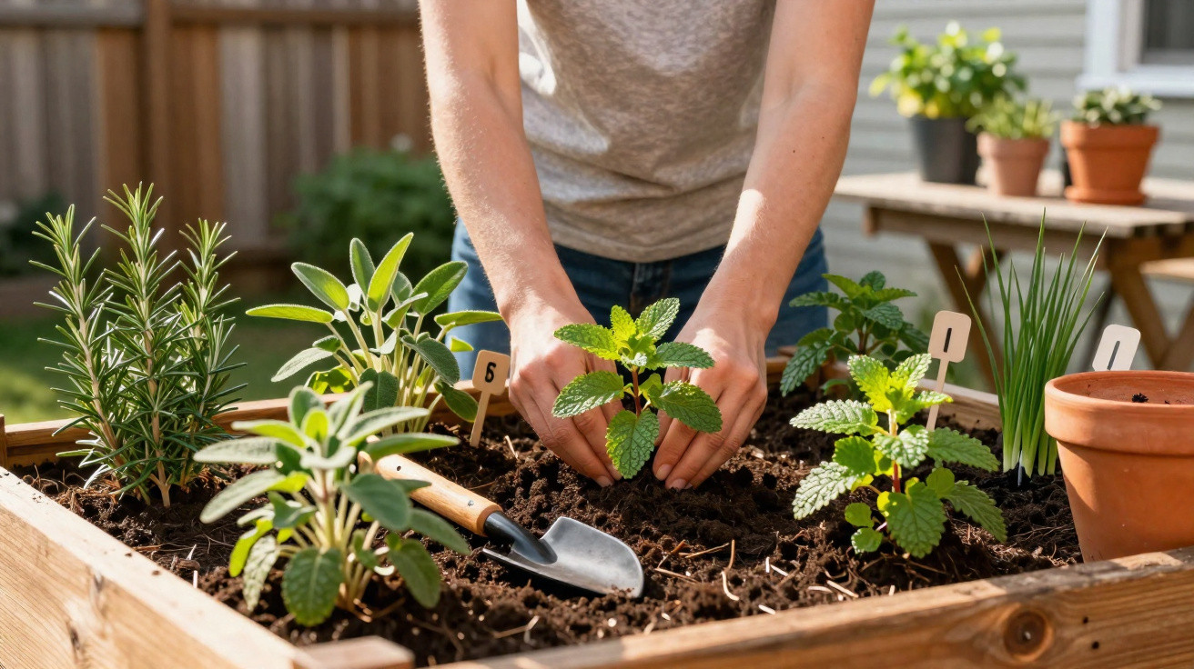 Pessoa plantando mudas em canteiro de madeira com ferramentas e etiquetas identificadoras no jardim.