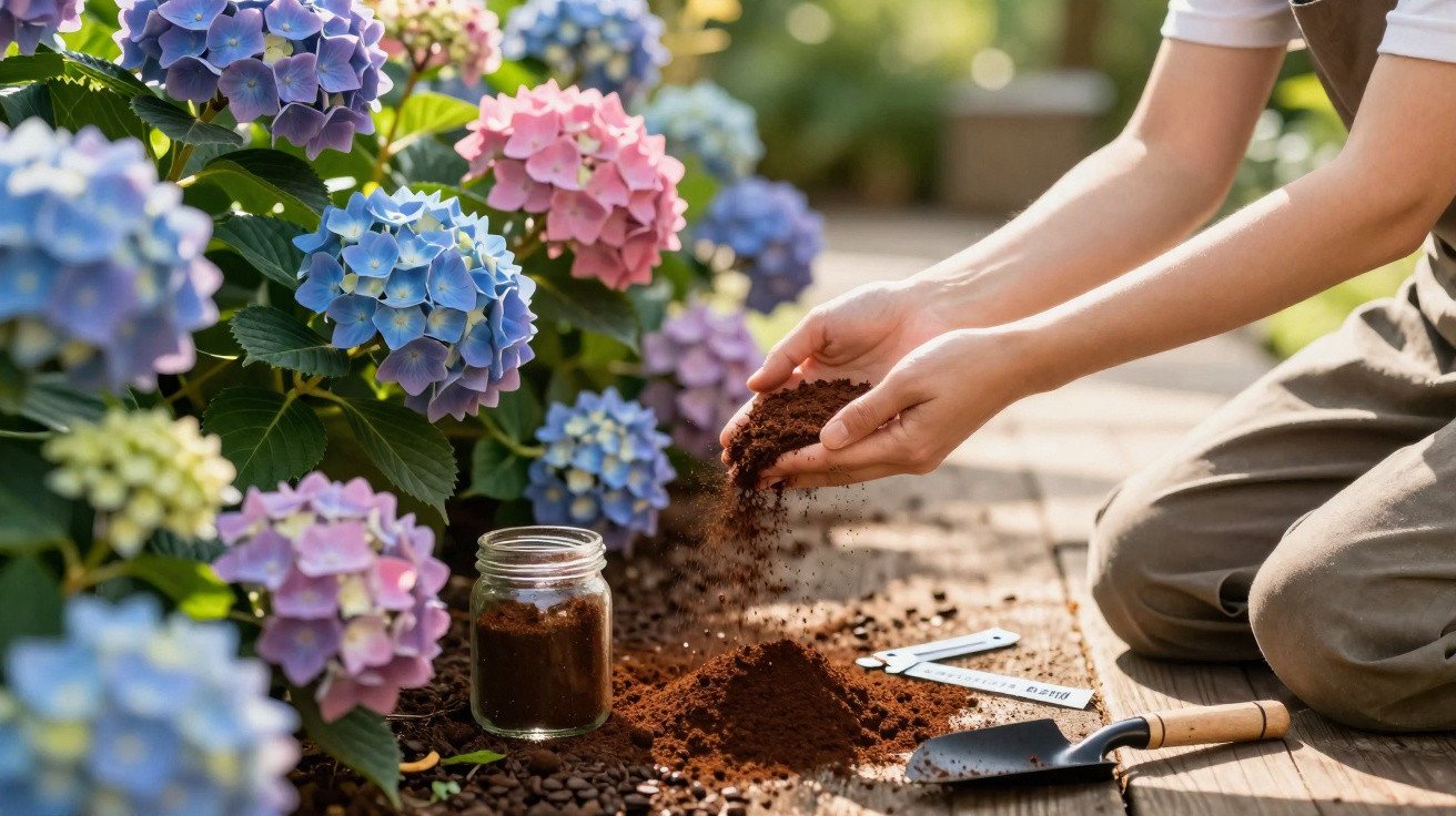 Pessoa manuseando terra ao lado de flores de hortênsia coloridas em um jardim ensolarado.