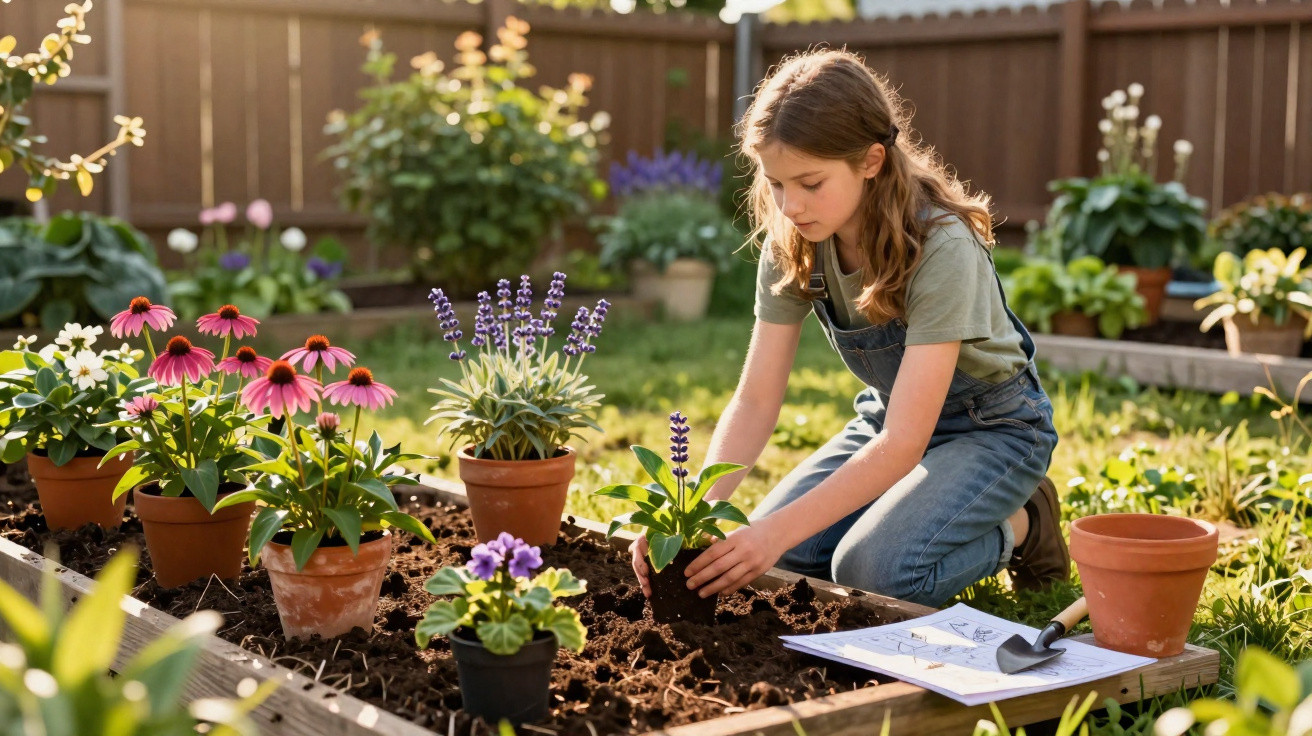 Menina plantando flores em um jardim ensolarado com vasos e ferramentas ao redor.