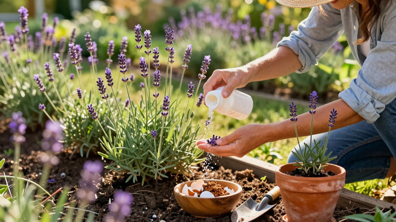 Pessoa aplicando fertilizante em plantas de lavanda em jardim ensolarado, com terra e vaso à vista.
