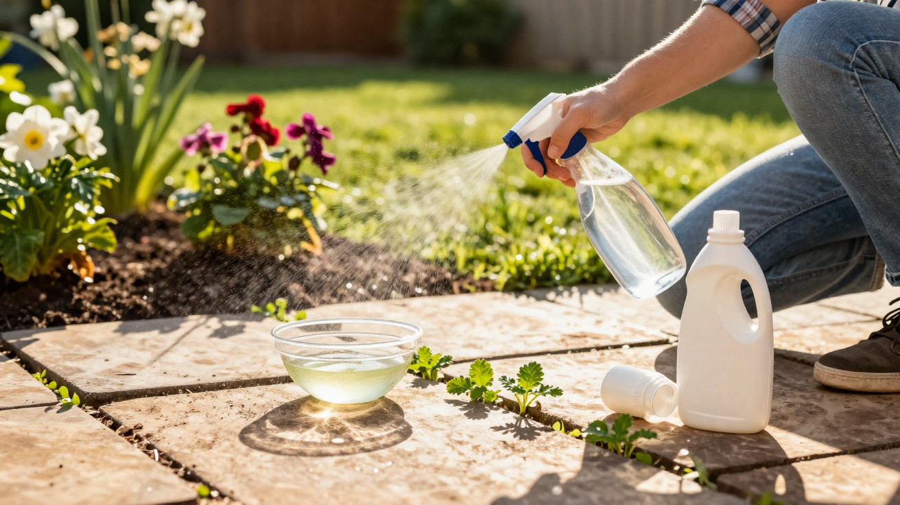 Pessoa borrifando planta com frasco de spray ao lado de recipiente com líquido em jardim ensolarado.