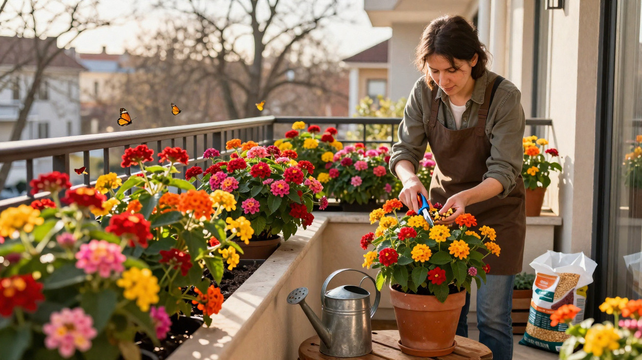 Mulher cuidando de flores coloridas em vaso na varanda ensolarada com borboletas ao redor.