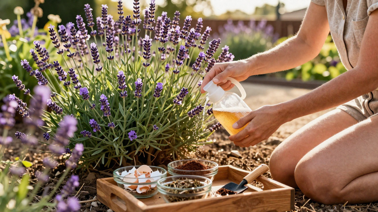 Pessoa regando planta de lavanda com regador ao lado de bandeja com ingredientes naturais para jardinagem.