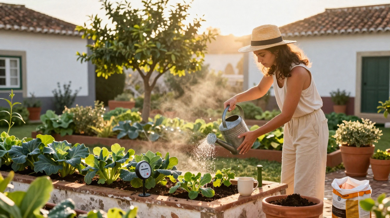 Mulher com chapéu regando plantas em canteiro elevado de jardim ensolarado.