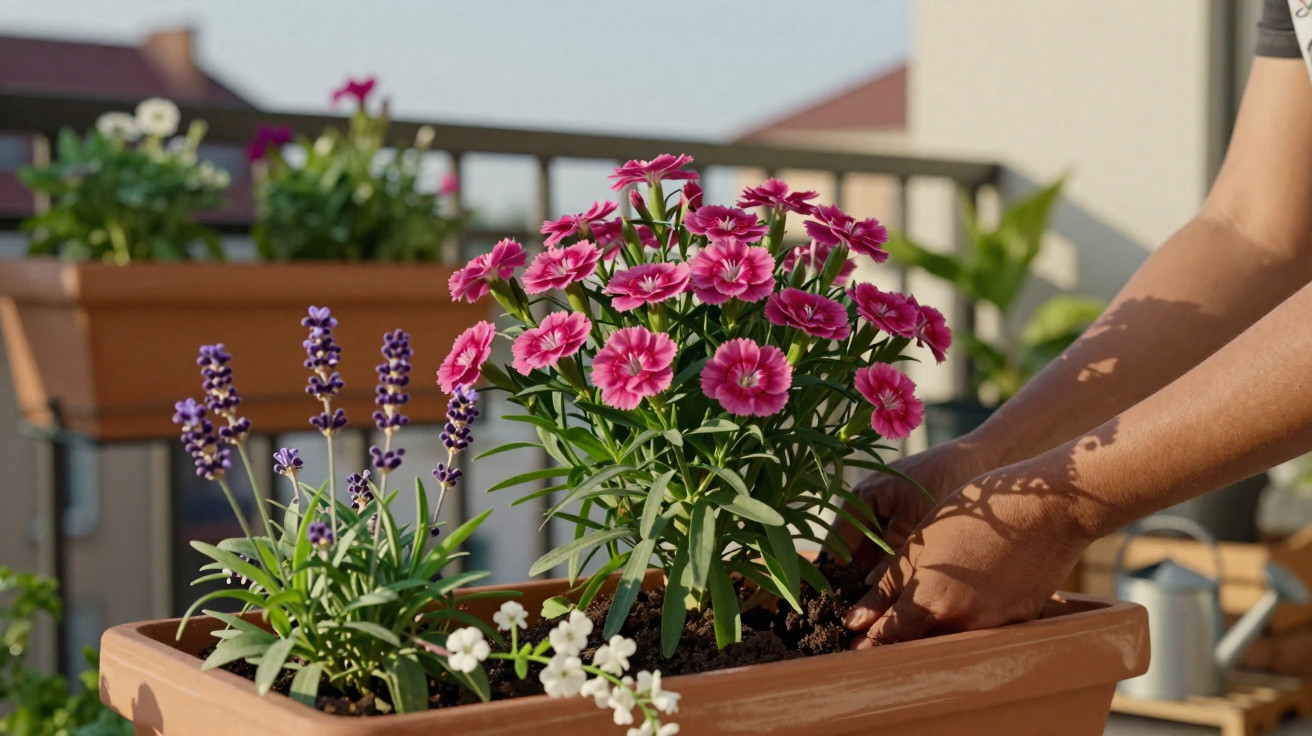 Mãos plantando flores rosas em vaso de barro em varanda ensolarada com outras flores ao fundo.