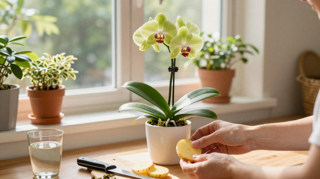 Pessoa segurando fatias de batata perto de orquídea branca com detalhes vermelhos em vaso na varanda.