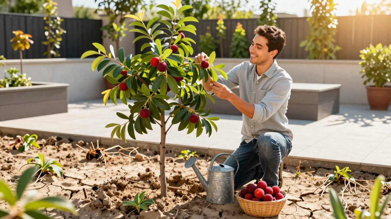 Homem recolhe frutas vermelhas em árvore pequena no jardim com regador metálico ao lado.