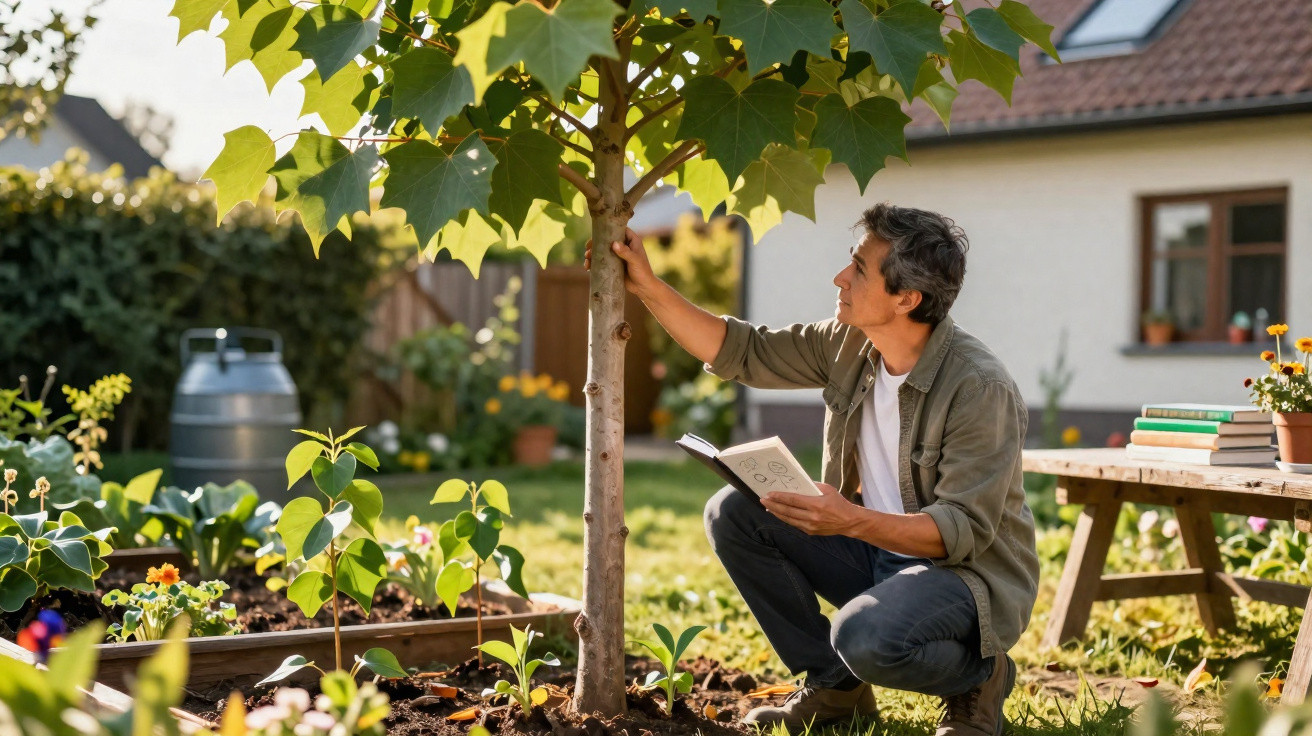 Homem cuidando de árvore jovem em jardim com livro na mão em dia ensolarado.