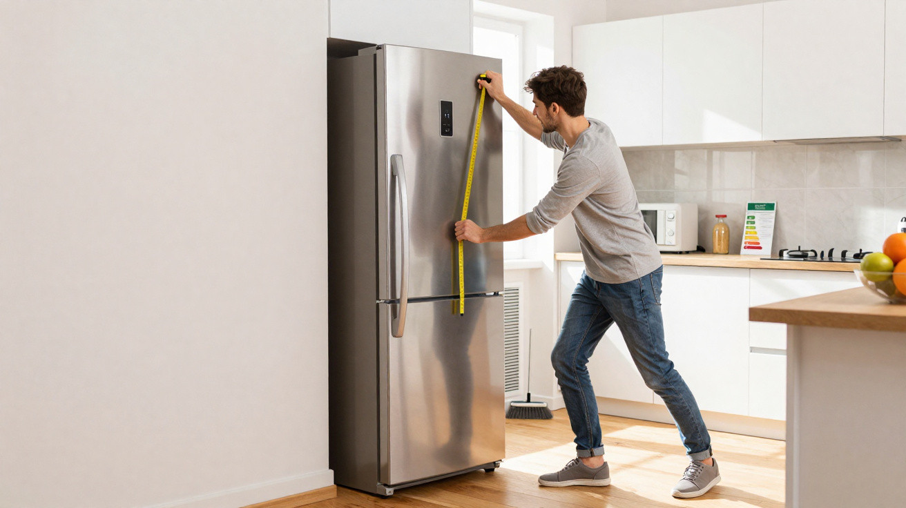 Homem medindo altura de geladeira inox em cozinha moderna branca e iluminada.