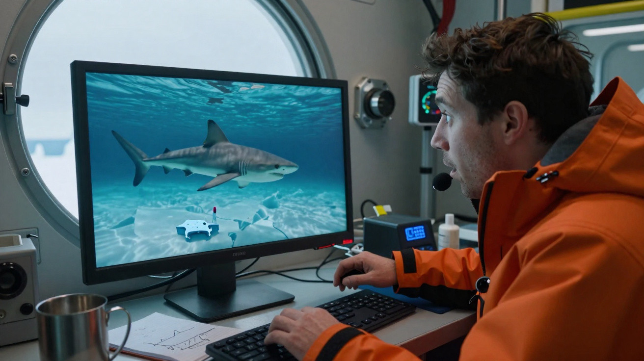 Homem com roupa laranja operando computador com imagem de tubarão na tela dentro de submarino.