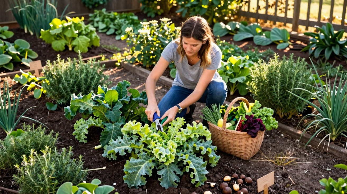 Mulher colhendo verduras em jardim com cesta cheia de legumes e plantas ao redor em dia ensolarado.