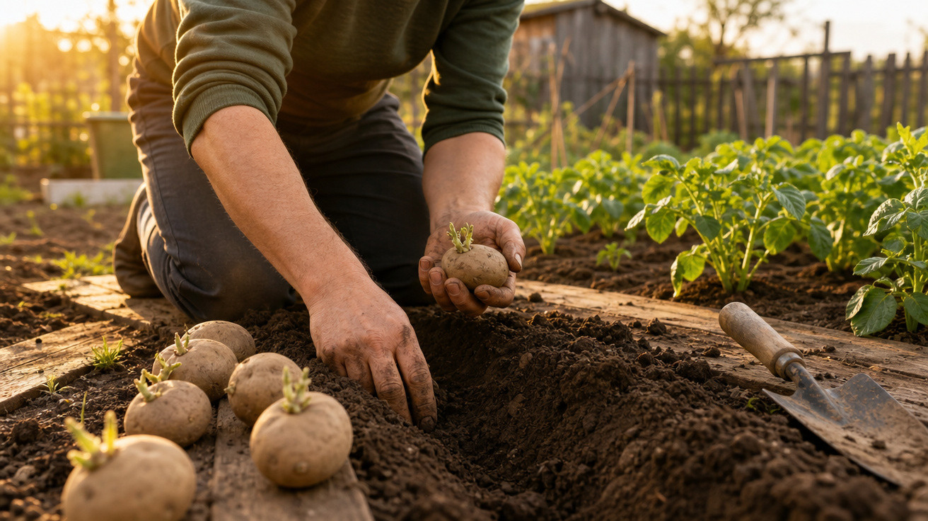 Pessoa plantando batatas com brotos em solo fértil em um jardim com vegetação ao redor.