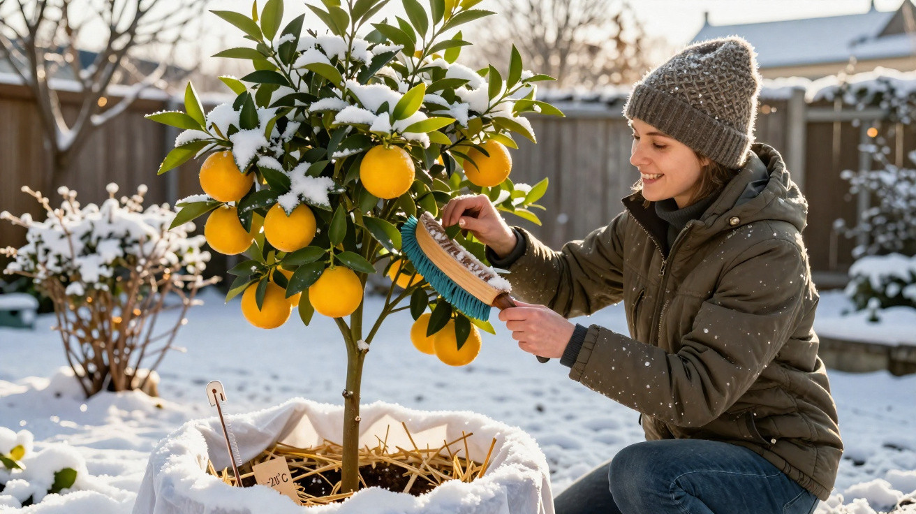 Mulher usando agasalho e gorro limpa neve de uma árvore de laranja ao ar livre na neve.