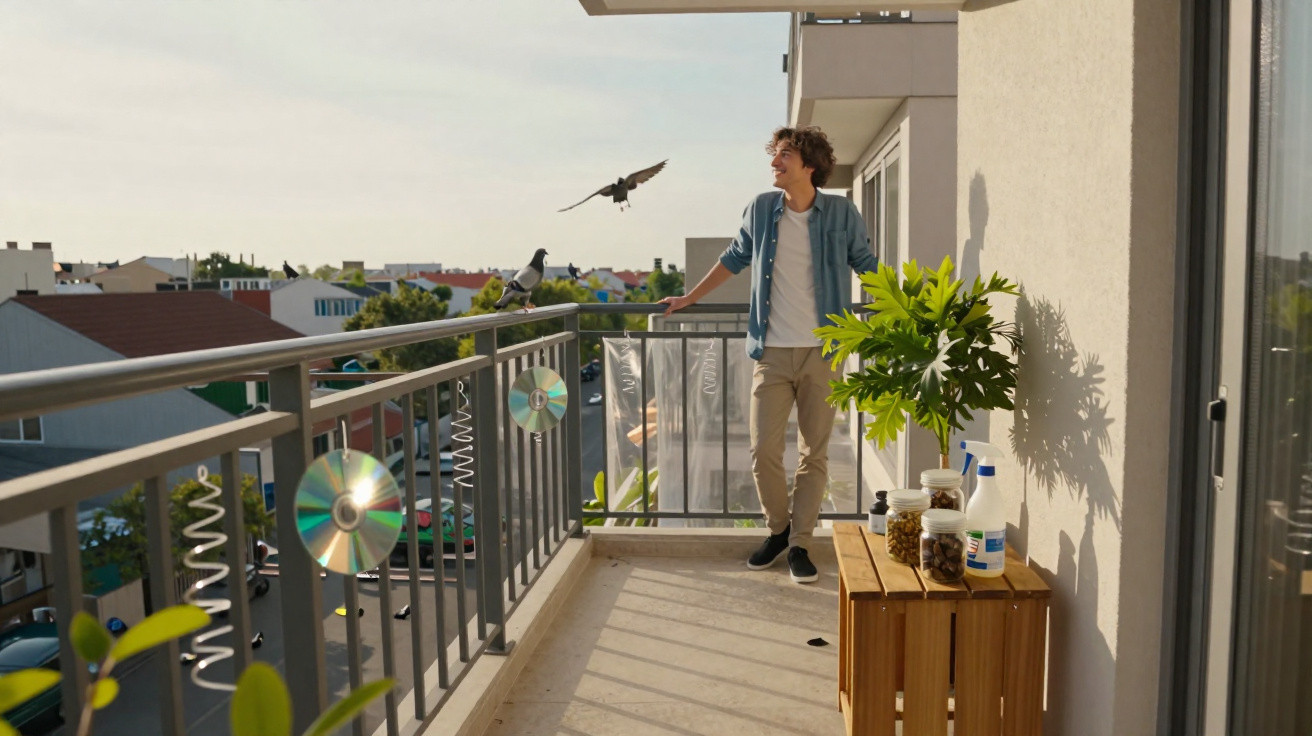Jovem em varanda de apartamento observa pombos voando, com plantas e potes sobre um móvel de madeira.