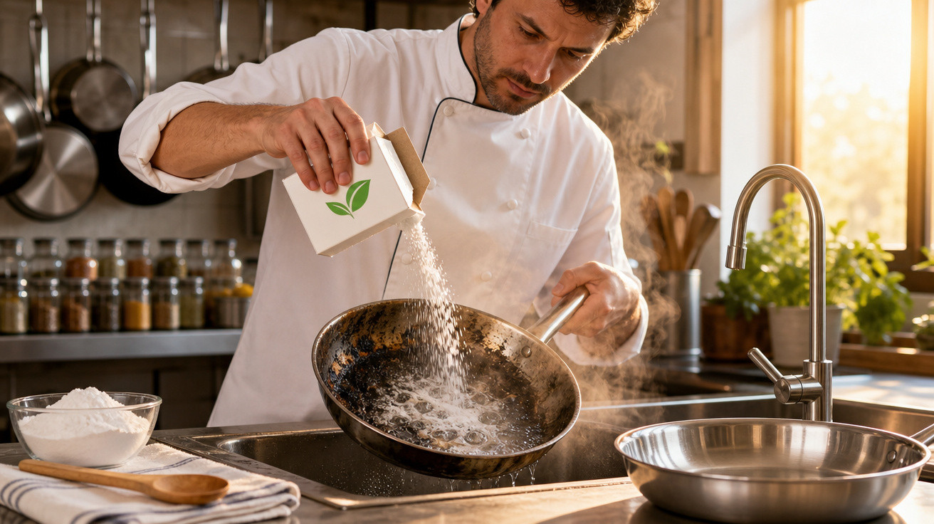 Homem com roupa de chef adiciona sal em frigideira com água fervente em cozinha moderna.