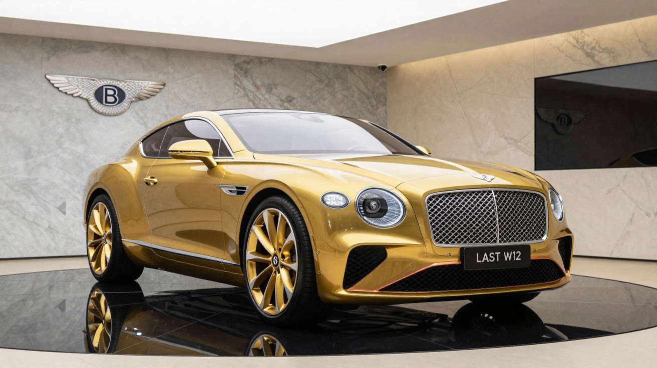Carro esportivo Bentley dourado em exposição com detalhes brilhantes e ambiente moderno de mármore.