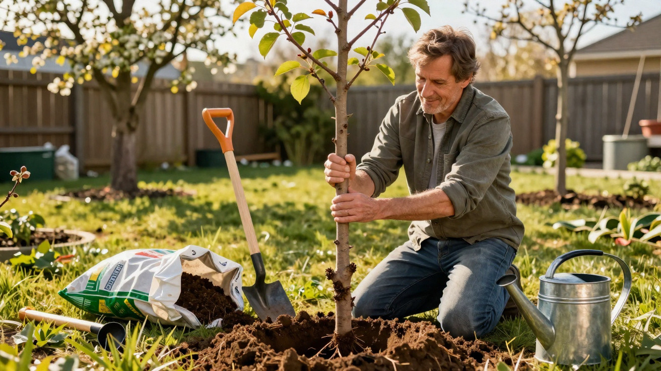 Homem plantando árvore no jardim com pá, regador e saco de terra ao redor em dia ensolarado.