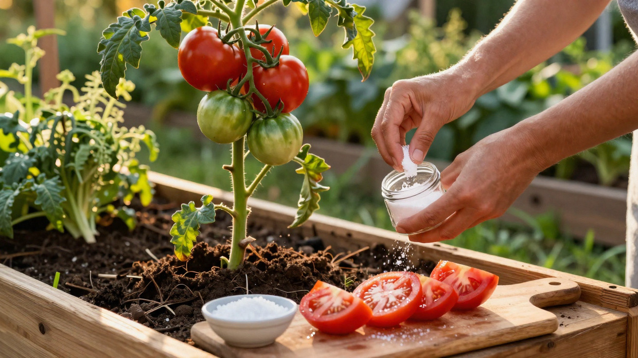Mãos salpicando sal em tomates frescos fatiados ao lado de um pé de tomateiro em plantio urbano.