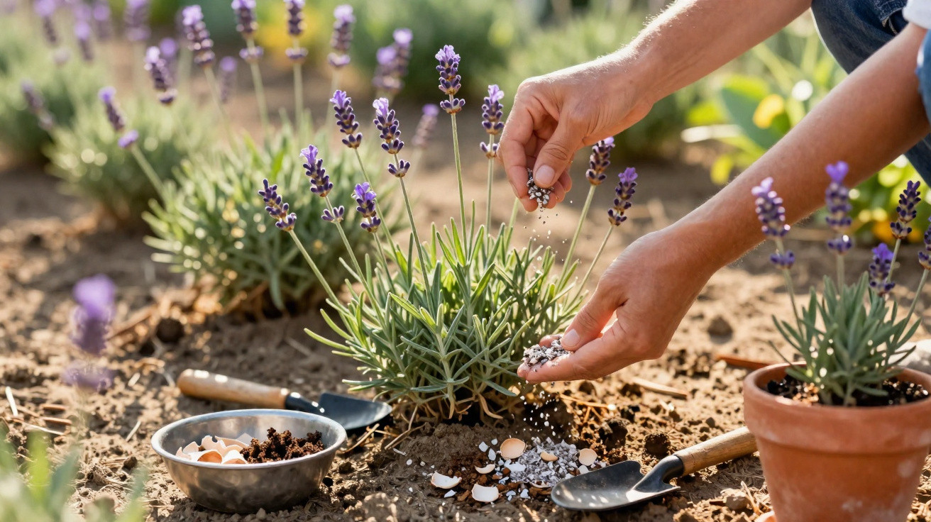 Mãos fertilizando plantas de lavanda em um jardim com ferramentas de jardinagem e vaso de barro ao lado.