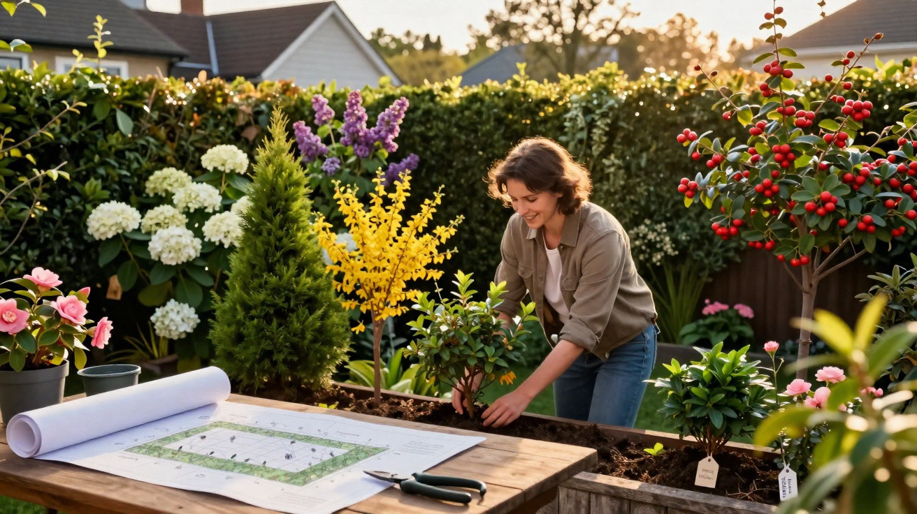 Mulher sorridente cuidando de plantas em jardim ao ar livre com mesa e plantas ao redor ao entardecer.
