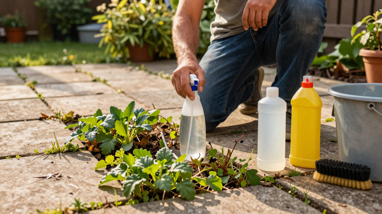 Pessoa aplicando produto de limpeza em plantas daninhas que crescem entre pedras do jardim.