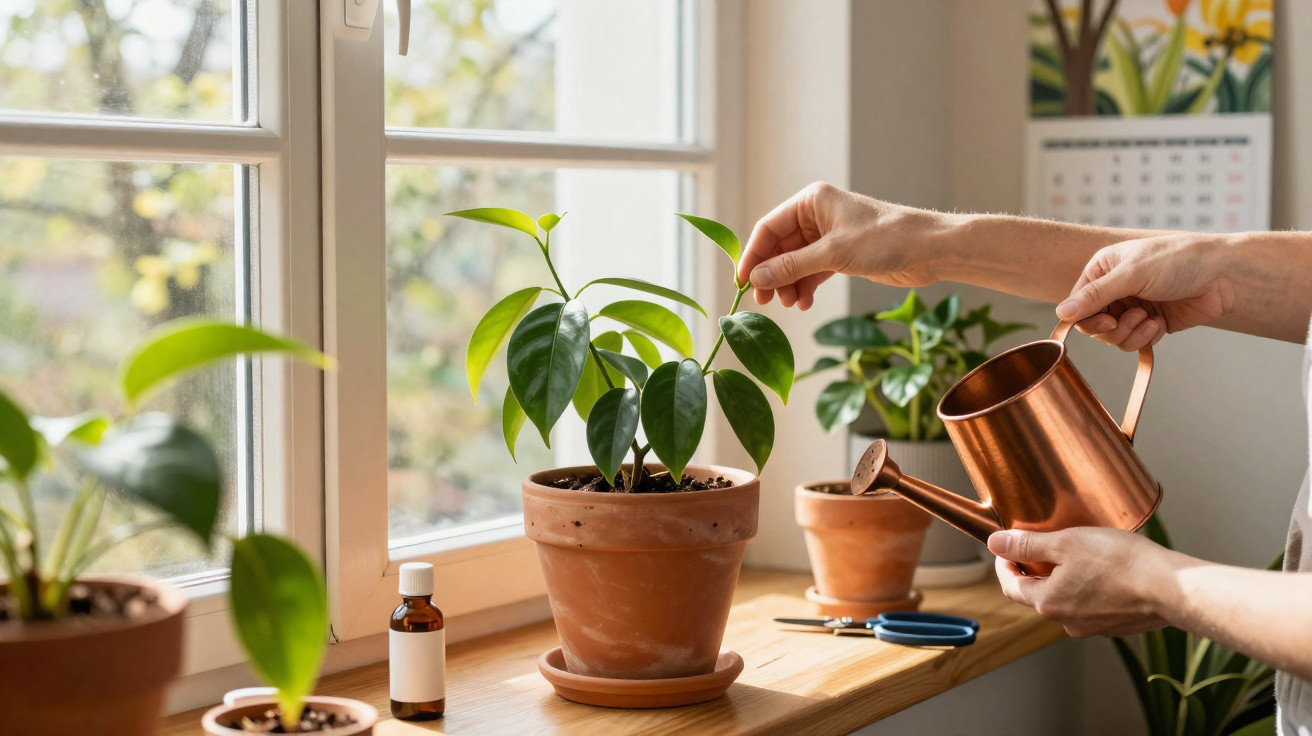 Pessoa cuidando de plantas em vasos na janela, regando com regador de cobre.