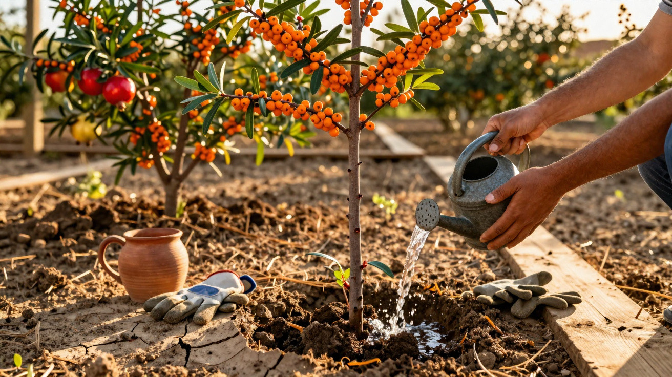 Pessoa regando muda com frutos laranjas em solo preparado, luvas e jarro ao lado no jardim ao entardecer.