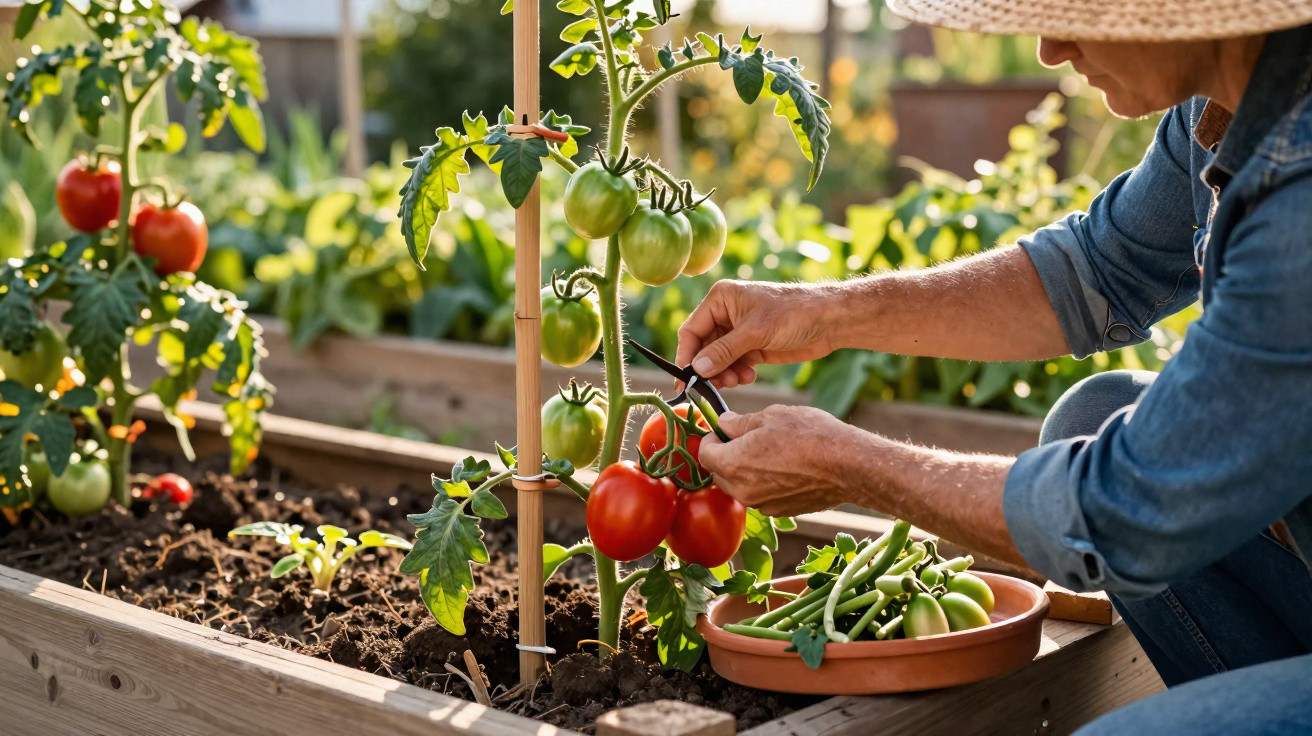 Pessoa colhendo tomates vermelhos maduros em canteiro de madeira em horta caseira ao ar livre.