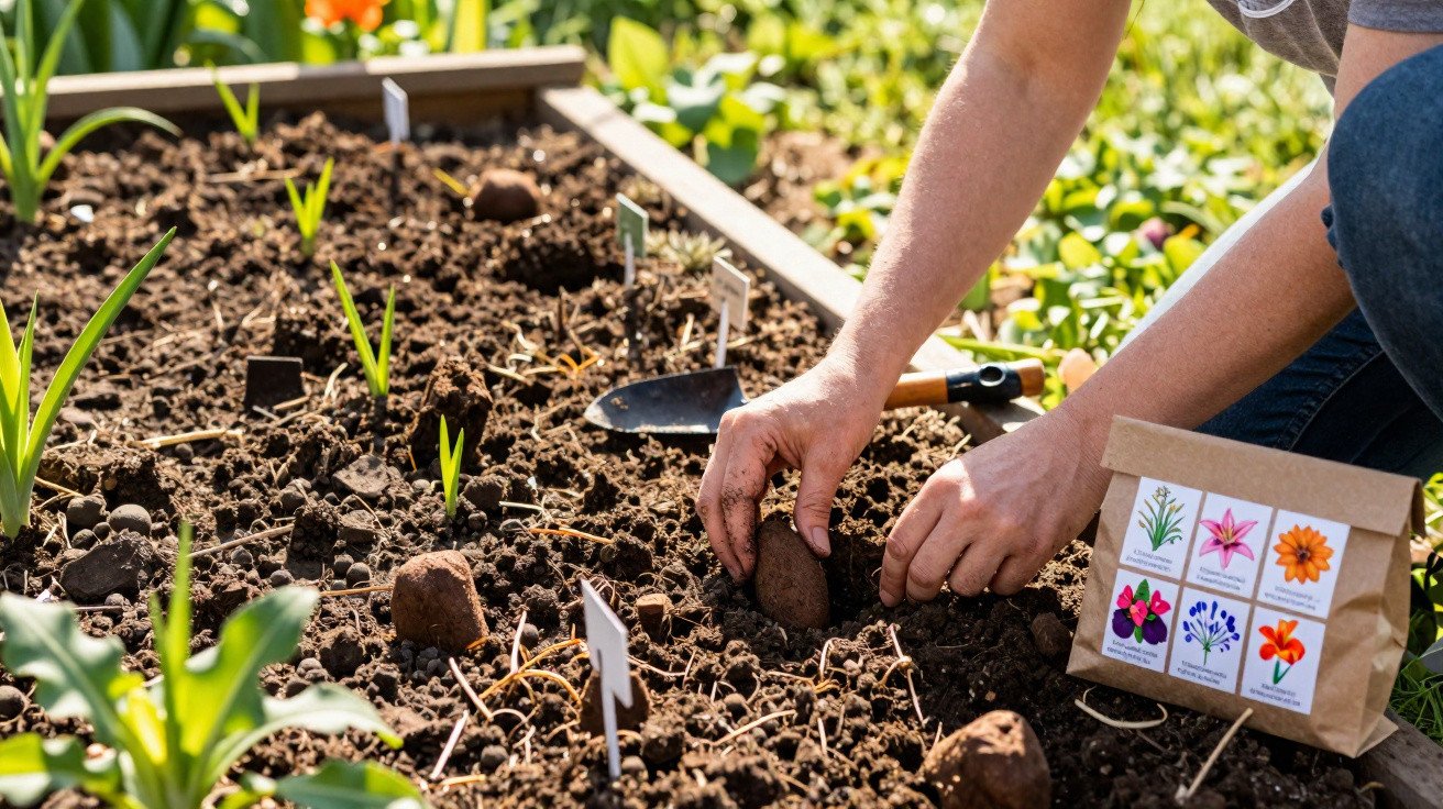 Pessoa plantando flores em canteiro de terra com sementes identificadas e ferramenta de jardinagem.