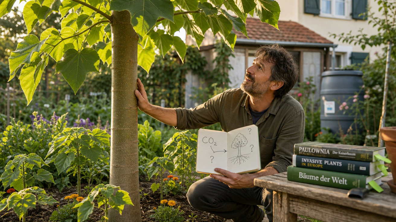 Homem ajoelhado em jardim observa árvore enquanto segura caderno com desenhos sobre CO2 e raízes.