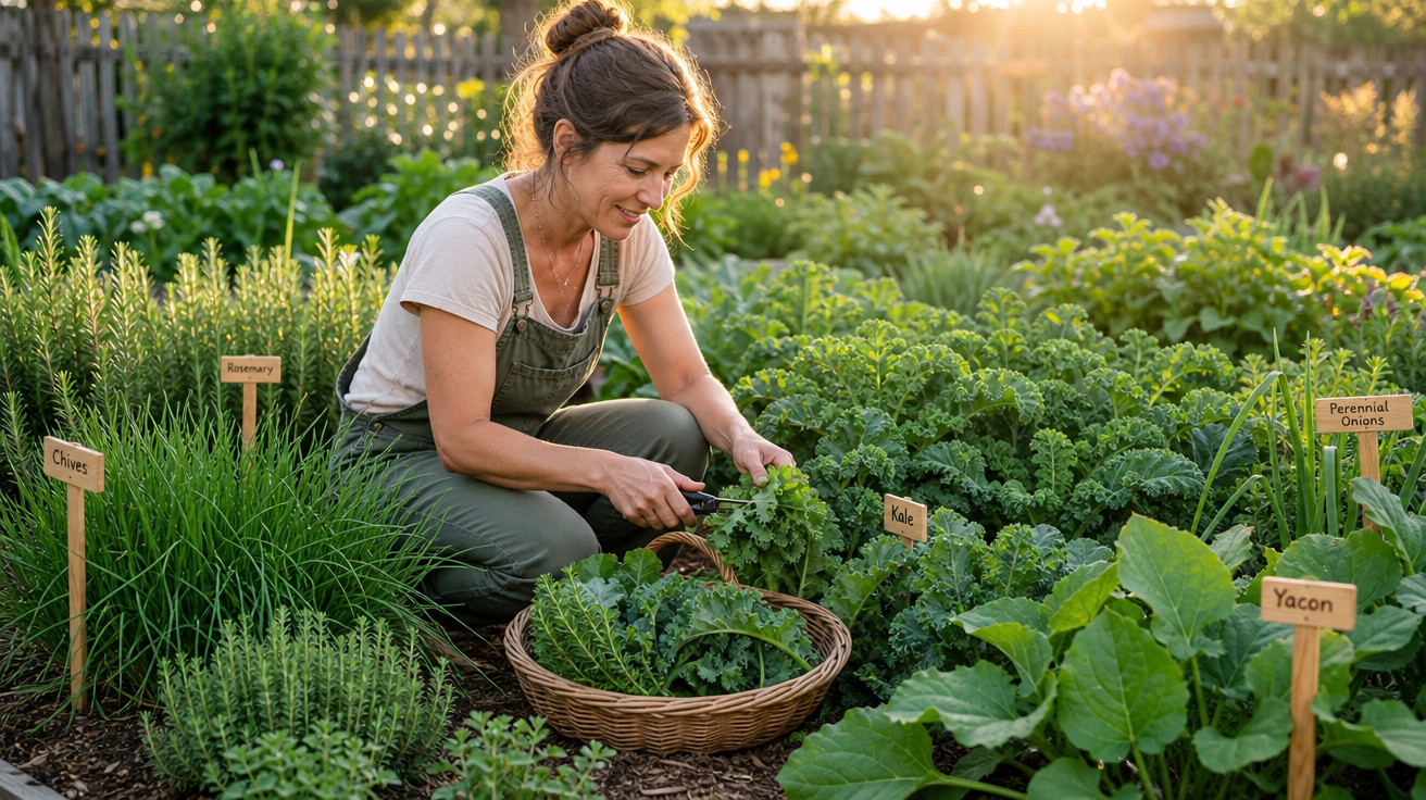 Mulher colhendo couve em jardim com várias plantas e plaquinhas identificadoras ao amanhecer.