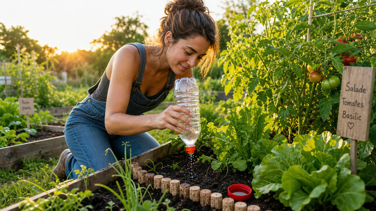 Mulher regando plantas em horta caseira ao ar livre durante o pôr do sol.