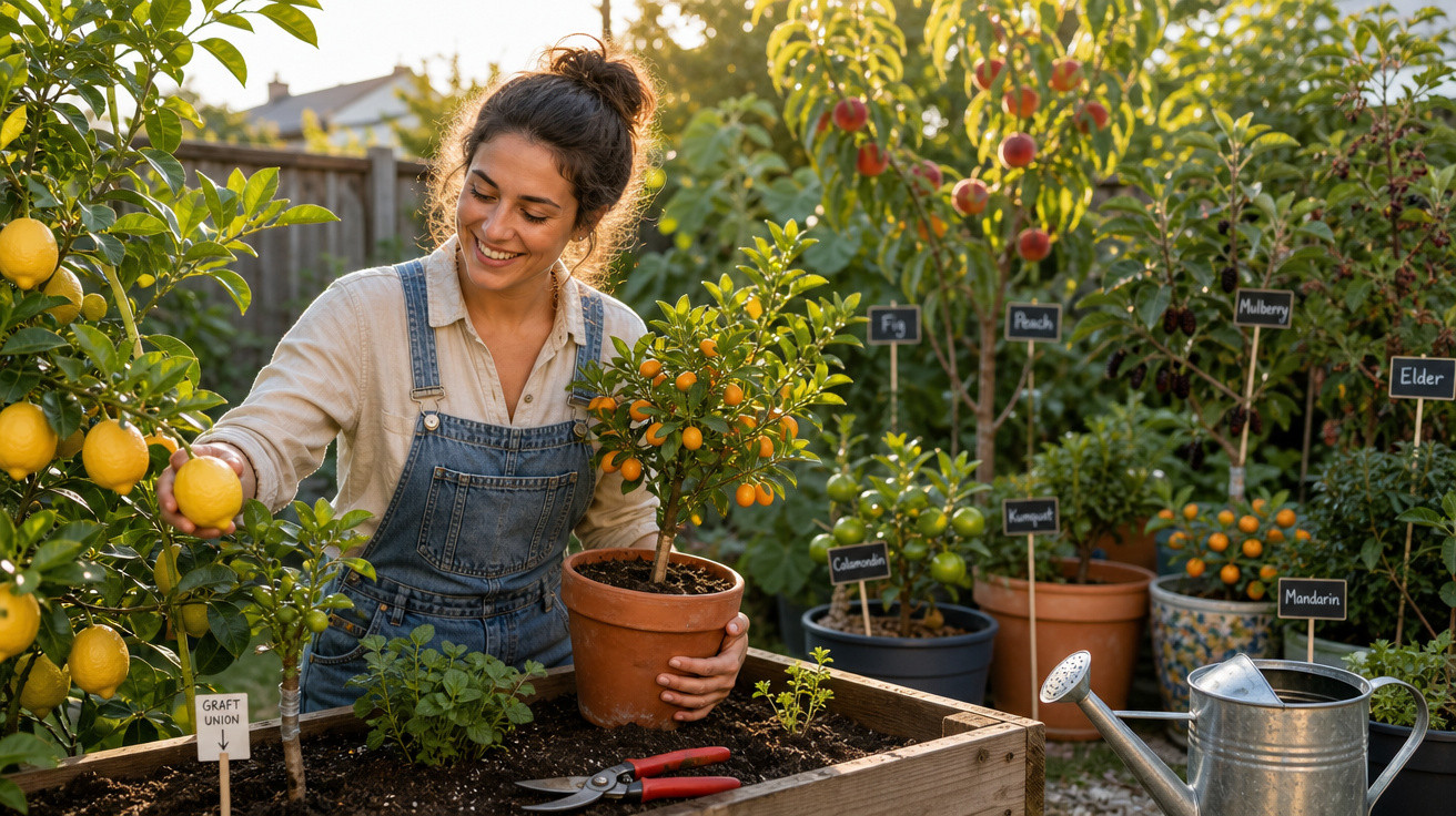 Mulher sorridente cuidando de plantas cultivadas em vasos e canteiro no jardim ao ar livre ao entardecer.