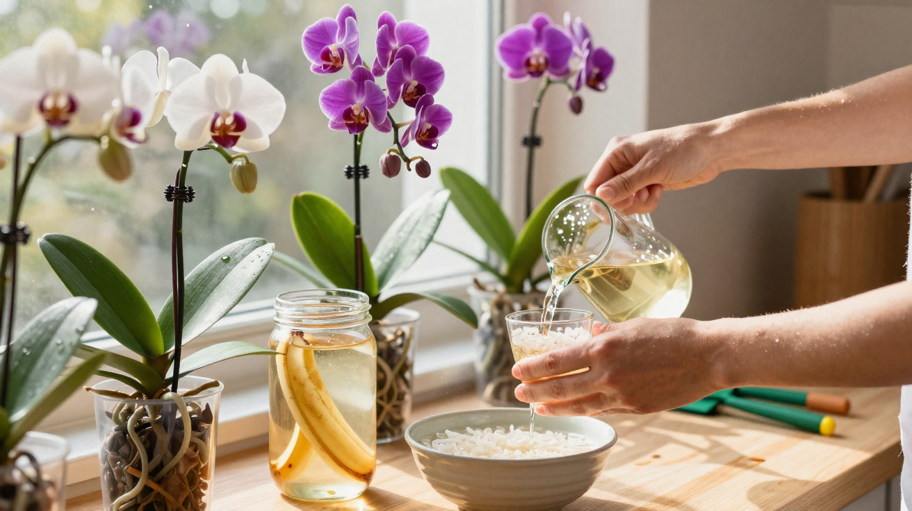 Mãos regando orquídeas em vasos próximos à janela, com jarra de água e tigela na mesa de madeira.