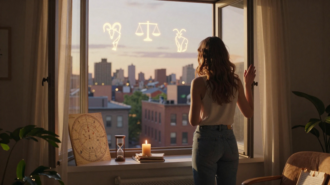 Mulher olhando pela janela ao pôr do sol com símbolos zodiacais iluminados no vidro e objetos esotéricos.
