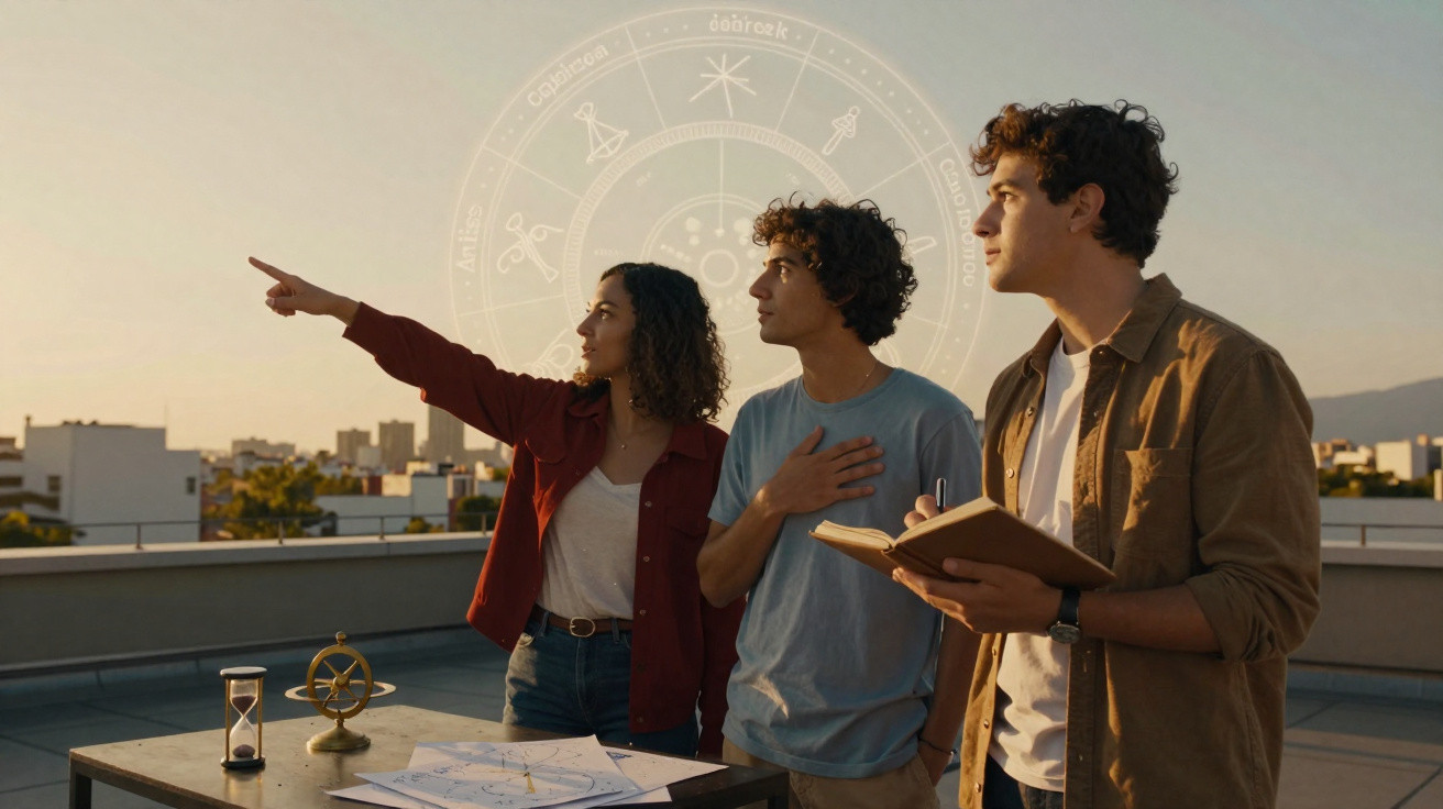Três jovens observam o horizonte no terraço ao pôr do sol, com mapas e instrumentos de astrologia sobre a mesa.