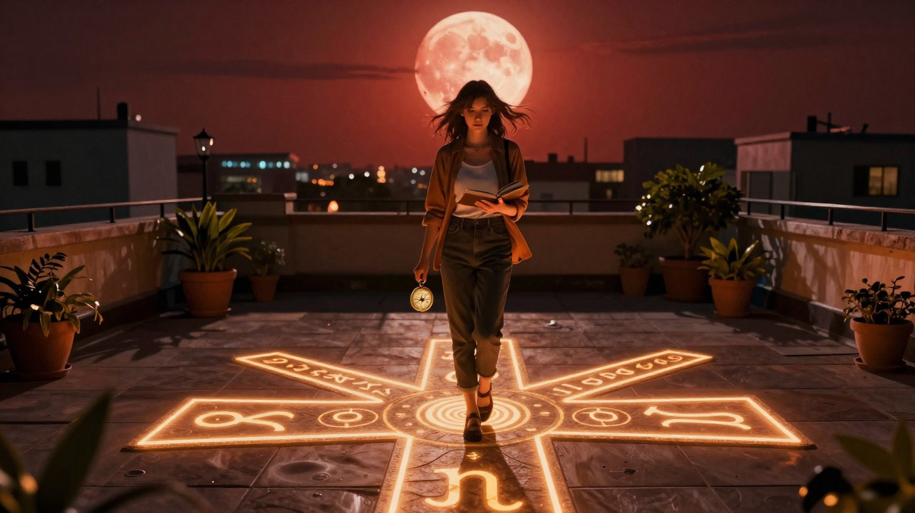 Mulher em sacada à noite caminha sobre símbolo místico iluminado, com lua cheia e plantas ao fundo.