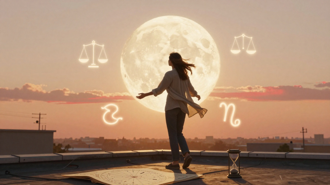 Pessoa em um telhado ao pôr do sol com lua gigante e símbolos do zodíaco brilhantes no céu.