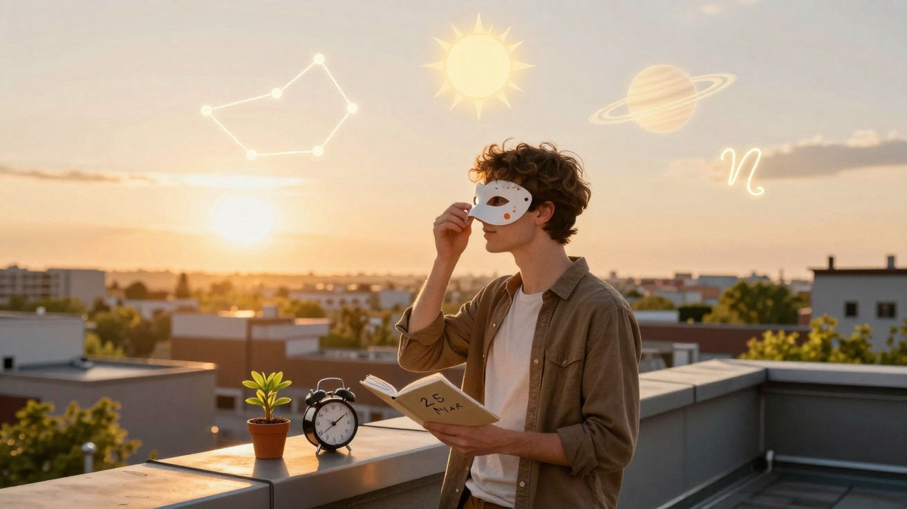 Jovem em terraço ao pôr do sol, segurando livro, máscara branca e ao lado relógio e planta pequena.
