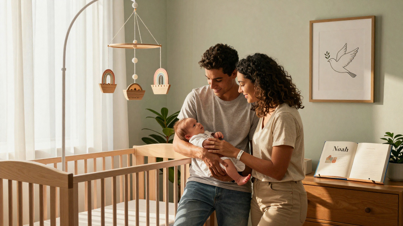 Casal feliz segurando bebê no quarto do recém-nascido com bercinho e decoração suave.