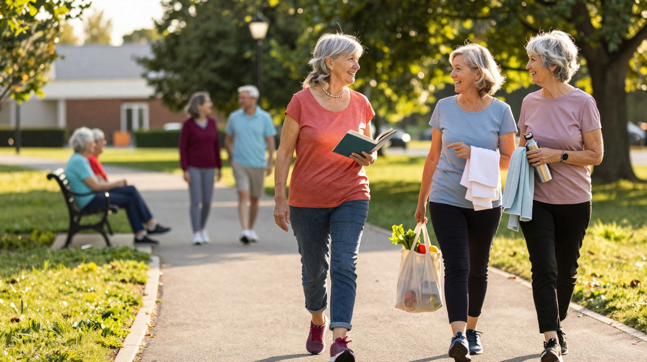 Três mulheres adultas caminham e conversam em parque ensolarado, uma com livro, outra com sacola e a terceira com garrafa.