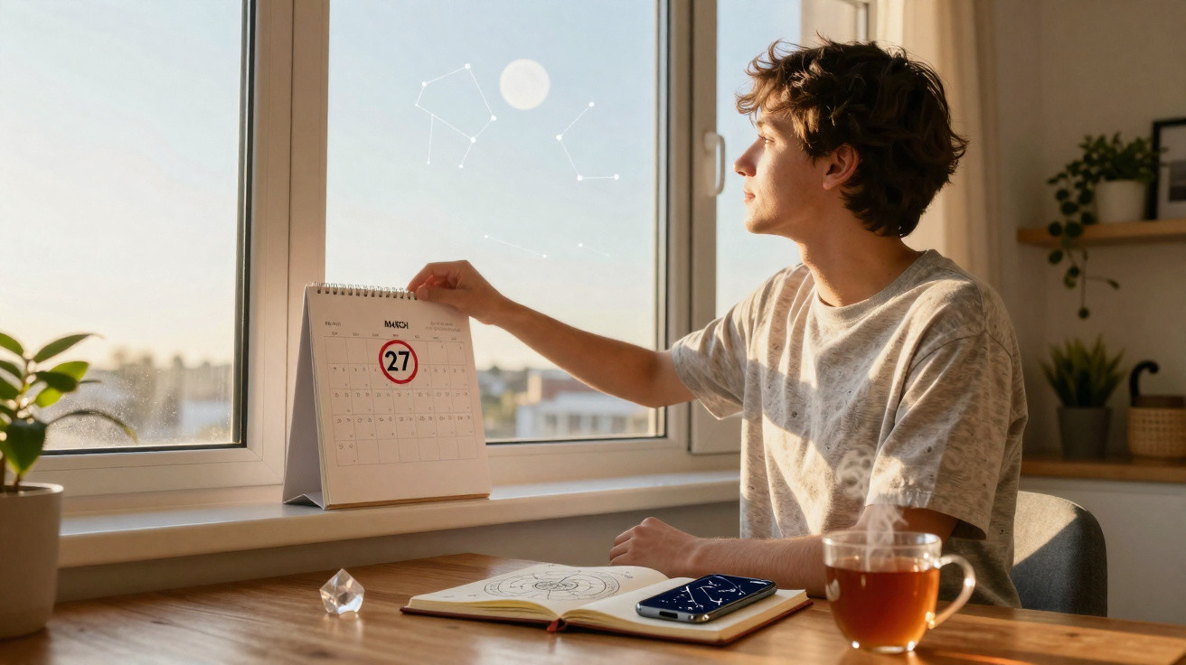 Jovem olhando pela janela enquanto segura calendário com data 27 marcada, ao lado há chá, diário e celular.