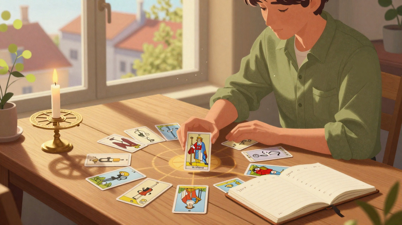 Pessoa sentada à mesa, lendo cartas de tarô dispostas em círculo, com vela acesa e caderno aberto.