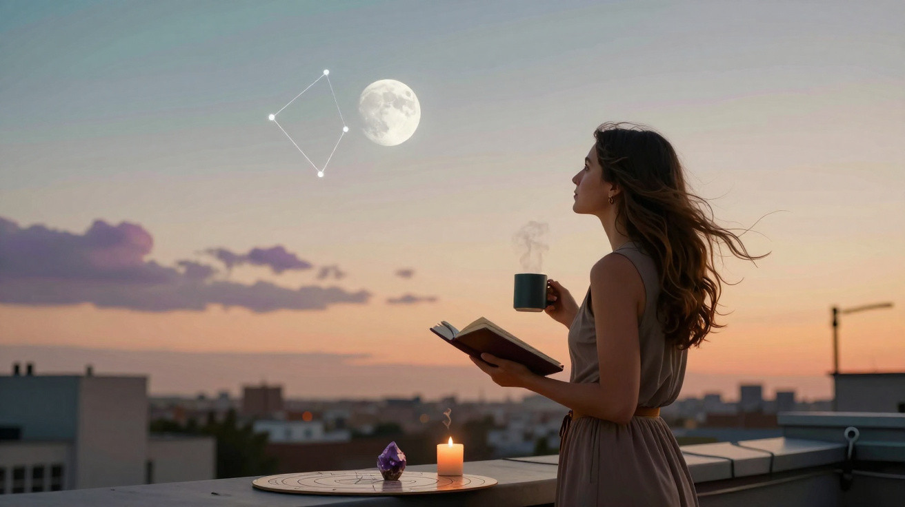 Mulher em terraço ao pôr do sol segurando livro e caneca, observando a lua com constelação desenhada.