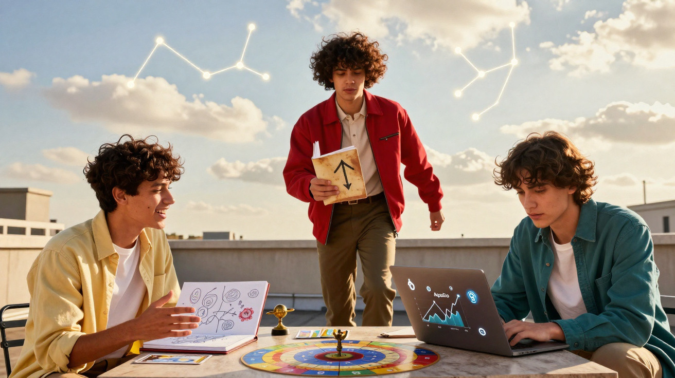 Três jovens discutem estratégias em torno de uma mesa com jogo de dardos e livros em um terraço ao ar livre.