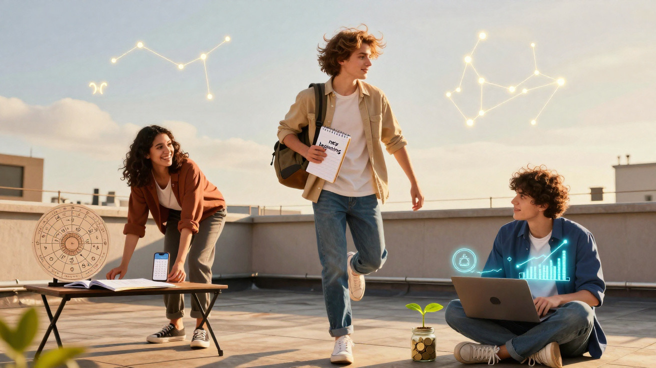 Três jovens estudam no terraço com livros, laptop e gráficos digitais ao entardecer.
