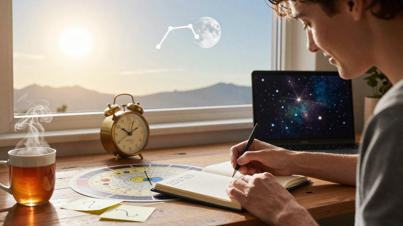 Pessoa escrevendo em caderno com chá, relógio, mapa astral e laptop mostrando estrelas ao fundo.
