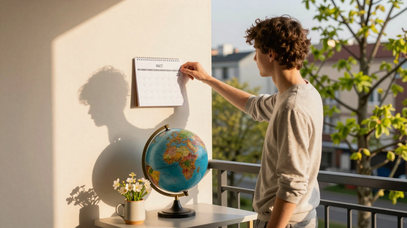 Jovem ajustando calendário em varanda com globo terrestre e plantas sob luz do sol da manhã.