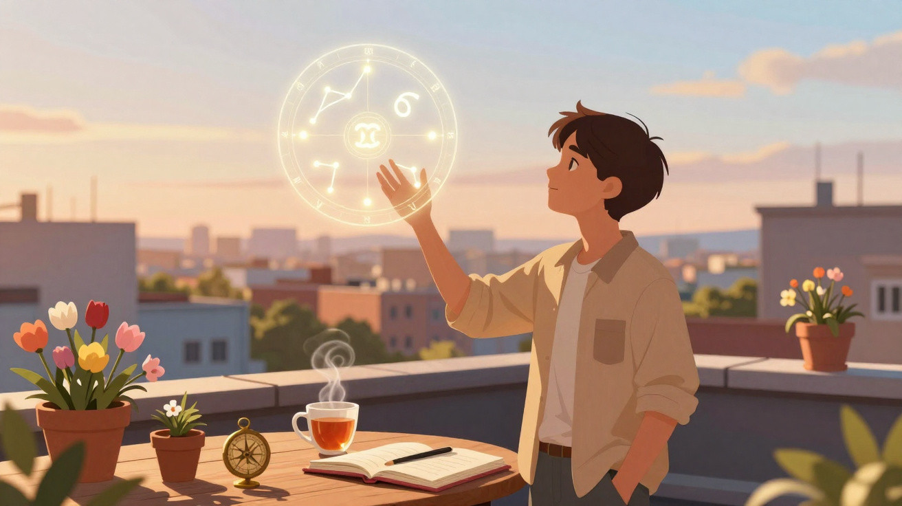 Jovem observa símbolos astrológicos brilhantes flutuando no ar em um terraço ao pôr do sol.